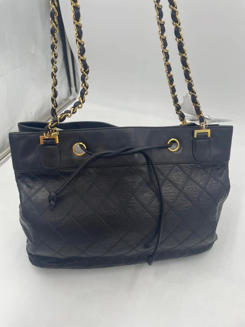 CHANEL Black Quilted Leather Shoulder Bag with Gold Chain Straps 1991-1994